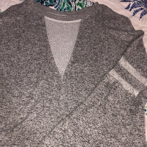 Grey V Neck Mesh Panel Sweater - Picture 3 of 4